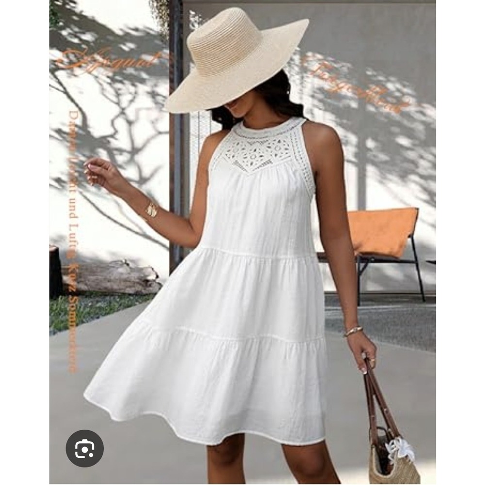 BTFBM White Cotton Crochet Tunic Mini Dress Women's‎ S Sleeveless Boho Beachy